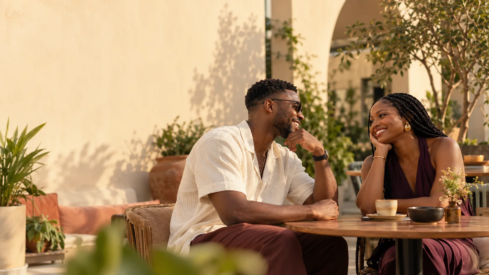 Two adults enjoying a relaxed conversation at an outdoor café