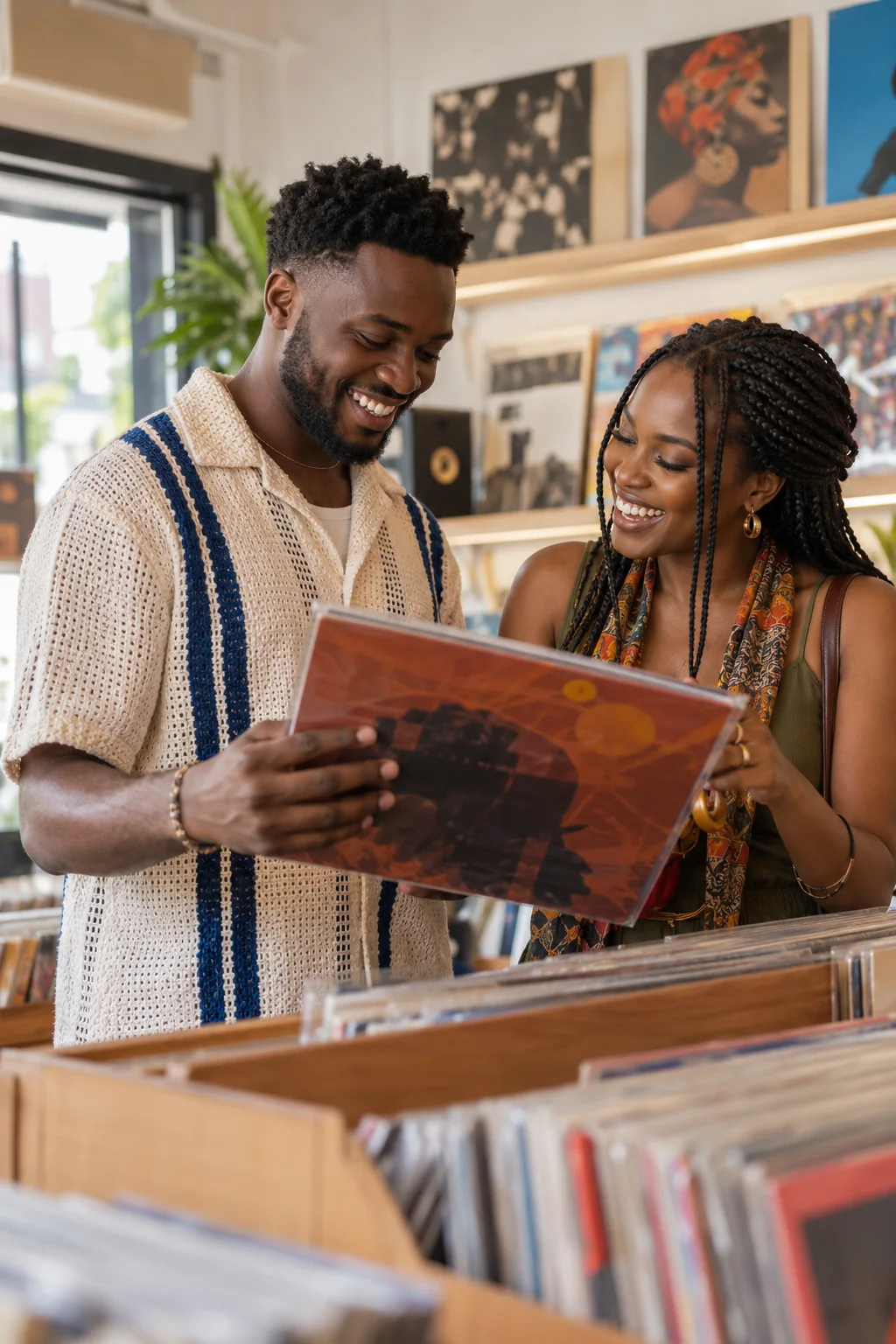 Two adults connecting over their shared interest in music